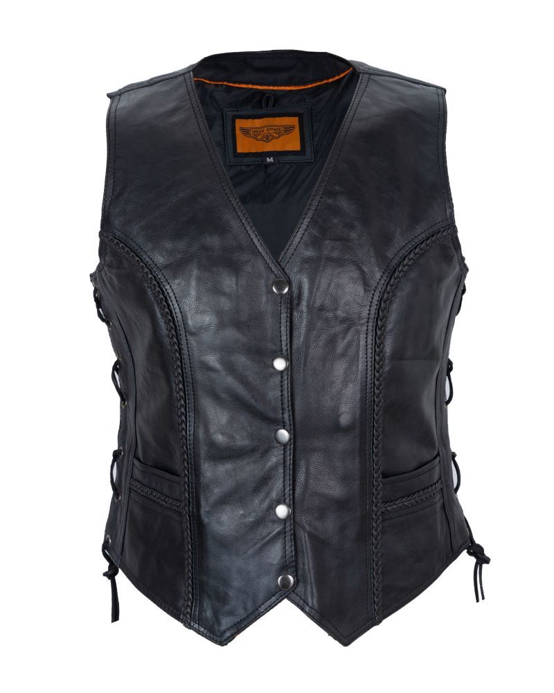 Womens Motorcycle Vest With Braid and Side Laces Conceal Gun Pockets - Image 6