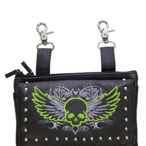Lime Green Leather Skull Belt Bag Studded Naked Cowhide 8.5x5.5 Inch