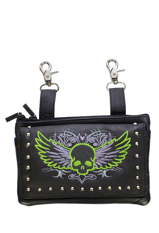 Lime Green Leather Skull Belt Bag Studded Naked Cowhide 8.5x5.5 Inch