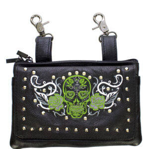 Studded Naked Cowhide Leather Belt Bag Lime Green White Sugar Skull