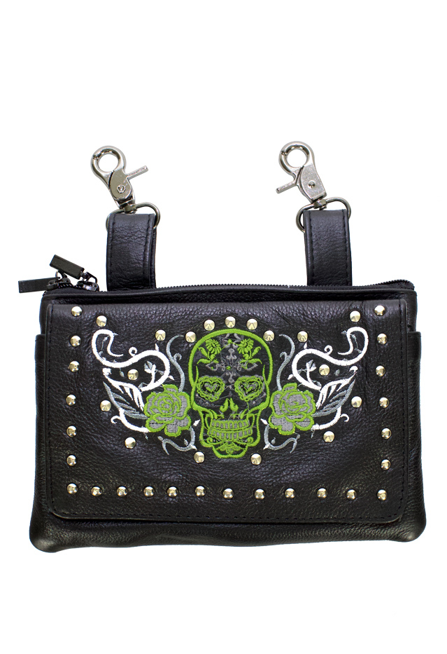 Studded Naked Cowhide Leather Belt Bag Lime Green White Sugar Skull
