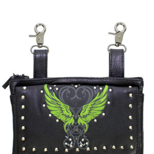 Studded Naked Cowhide Leather Belt Bag Lime Green Wings 8.5x5.5 Inch