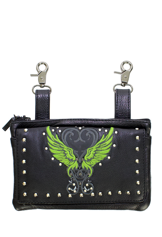 Studded Naked Cowhide Leather Belt Bag Lime Green Wings 8.5x5.5 Inch